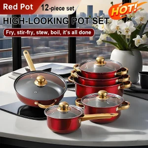 Red Cookware Set, 12-Piece ,Stainless Steel