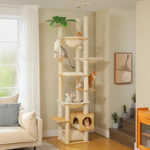 Height Adjustable Wooden Cat Tree with Large Hammock