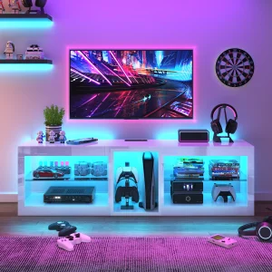 63" LED TV Cabinet with Adjustable Glass Storage Shelves,